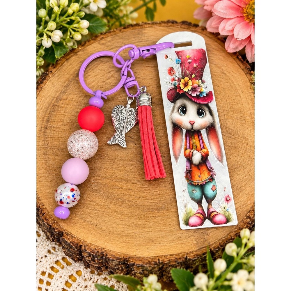 Whimsical Bunny Acrylic Purple Keychain Tassel Bead Charm 1
